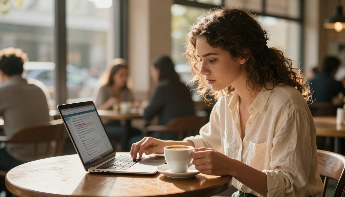 Woman reviewing API documentation on laptop at sunlit coffee shop, warm natural window light, photorealistic