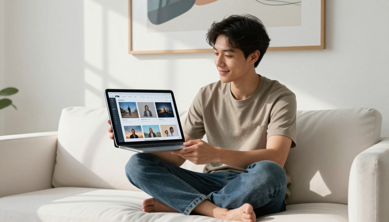 Young professional sitting on a white sofa, using an iPad to browse AI-generated image results Young professional sitting on a white sofa, using an iPad to browse AI-generated image results
