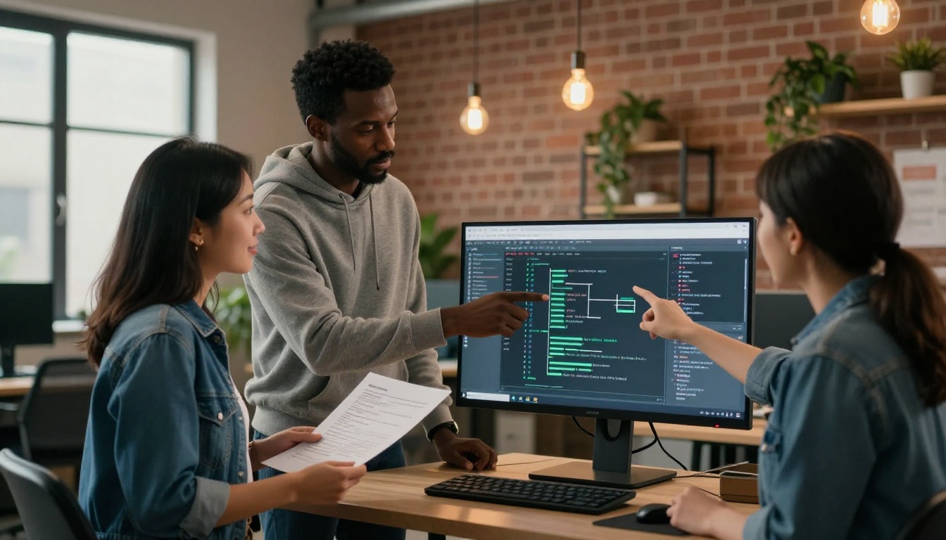 Two developers collaborating at standing desk with API architecture diagram on monitor, modern open-plan office, warm mixed lighting, photorealistic