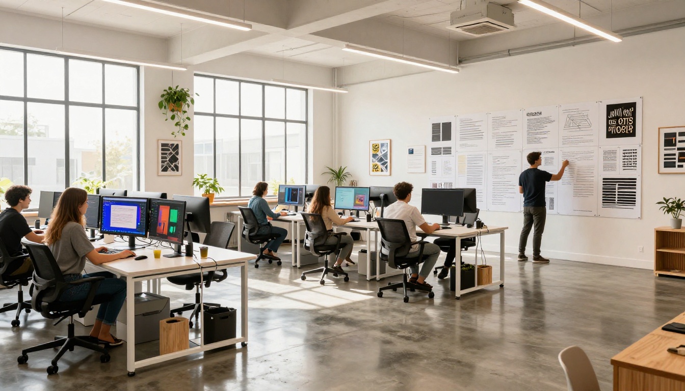 Wide modern design studio with AI monitors and creative professionals