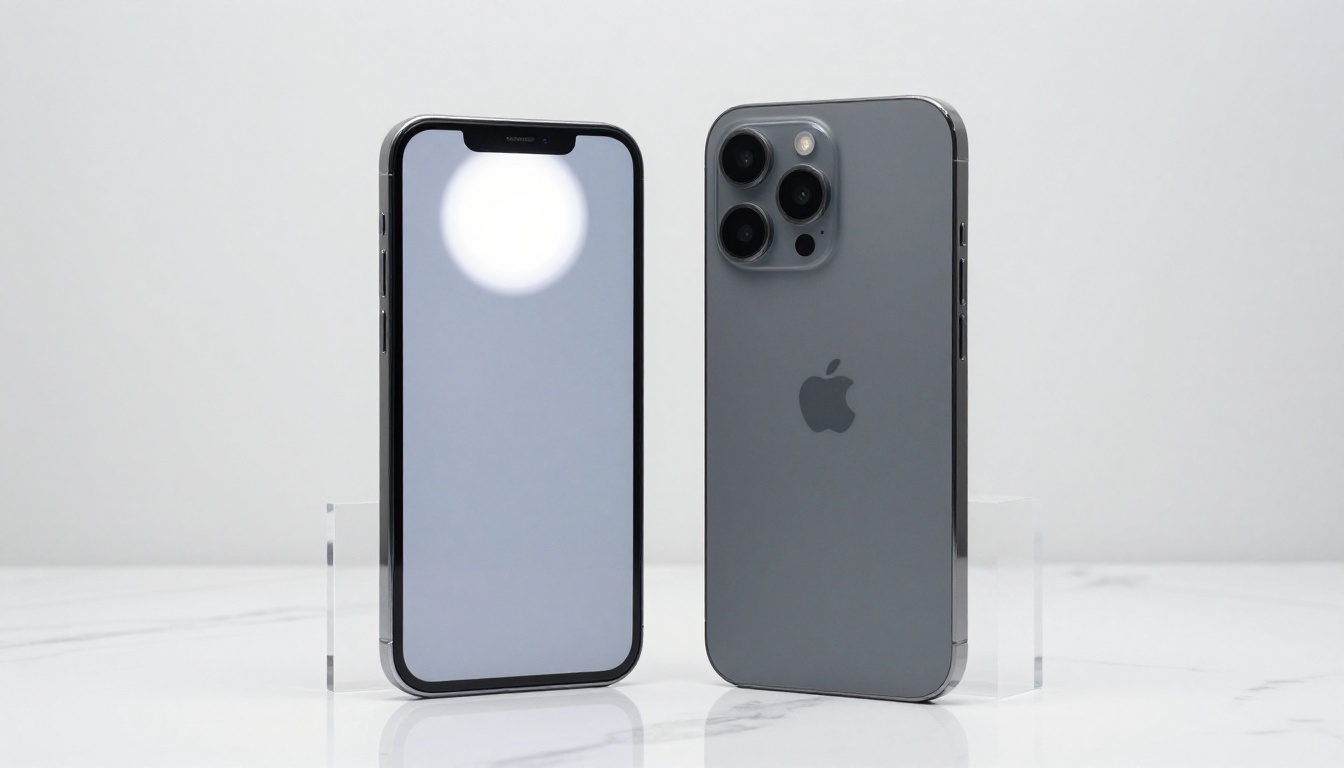 Two smartphones placed back-to-back on a white marble surface inside a product photography studio