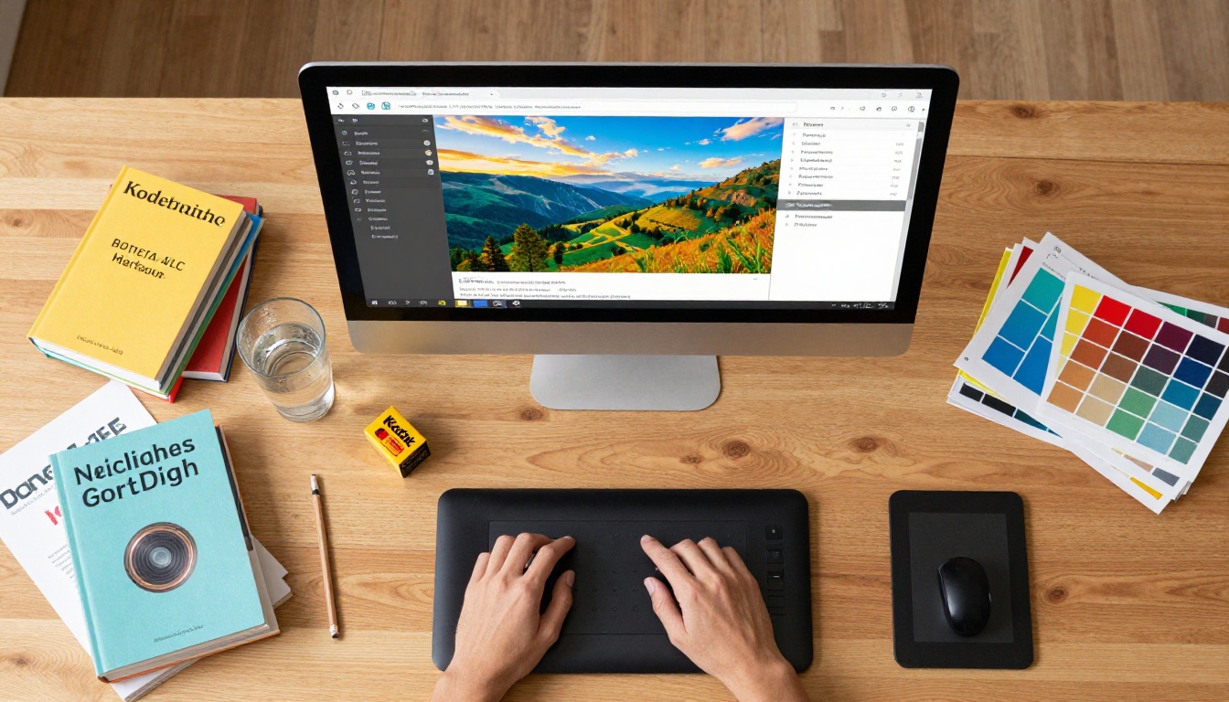 Aerial flat-lay view of a creative workstation with a monitor showing AI image generation software and design tools Aerial flat-lay view of a creative workstation with a monitor showing AI image generation software and design tools