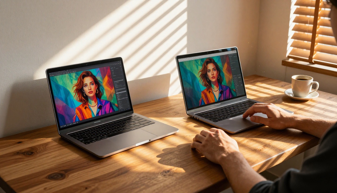 Designer at desk comparing two laptop screens with AI-generated outputs Designer at desk comparing two laptop screens with AI-generated outputs