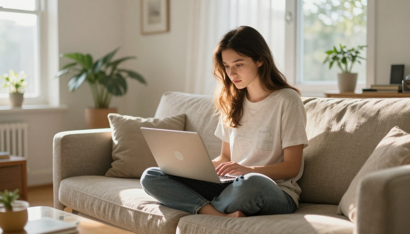 Young woman sitting cross-legged on a sofa reviewing AI-generated images on a laptop in a bright living room