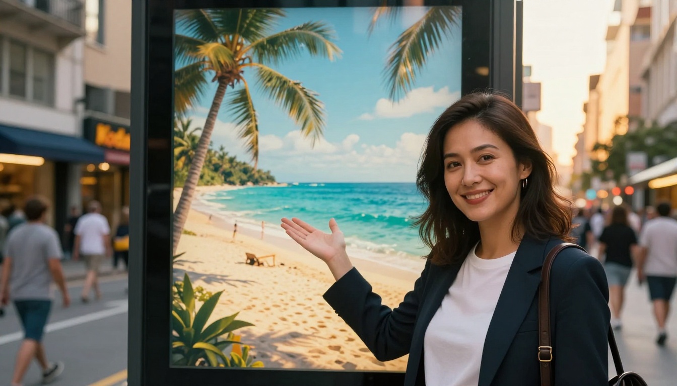 Woman pointing at a large outdoor billboard displaying a photorealistic AI-generated tropical beach scene Woman pointing at a large outdoor billboard displaying a photorealistic AI-generated tropical beach scene