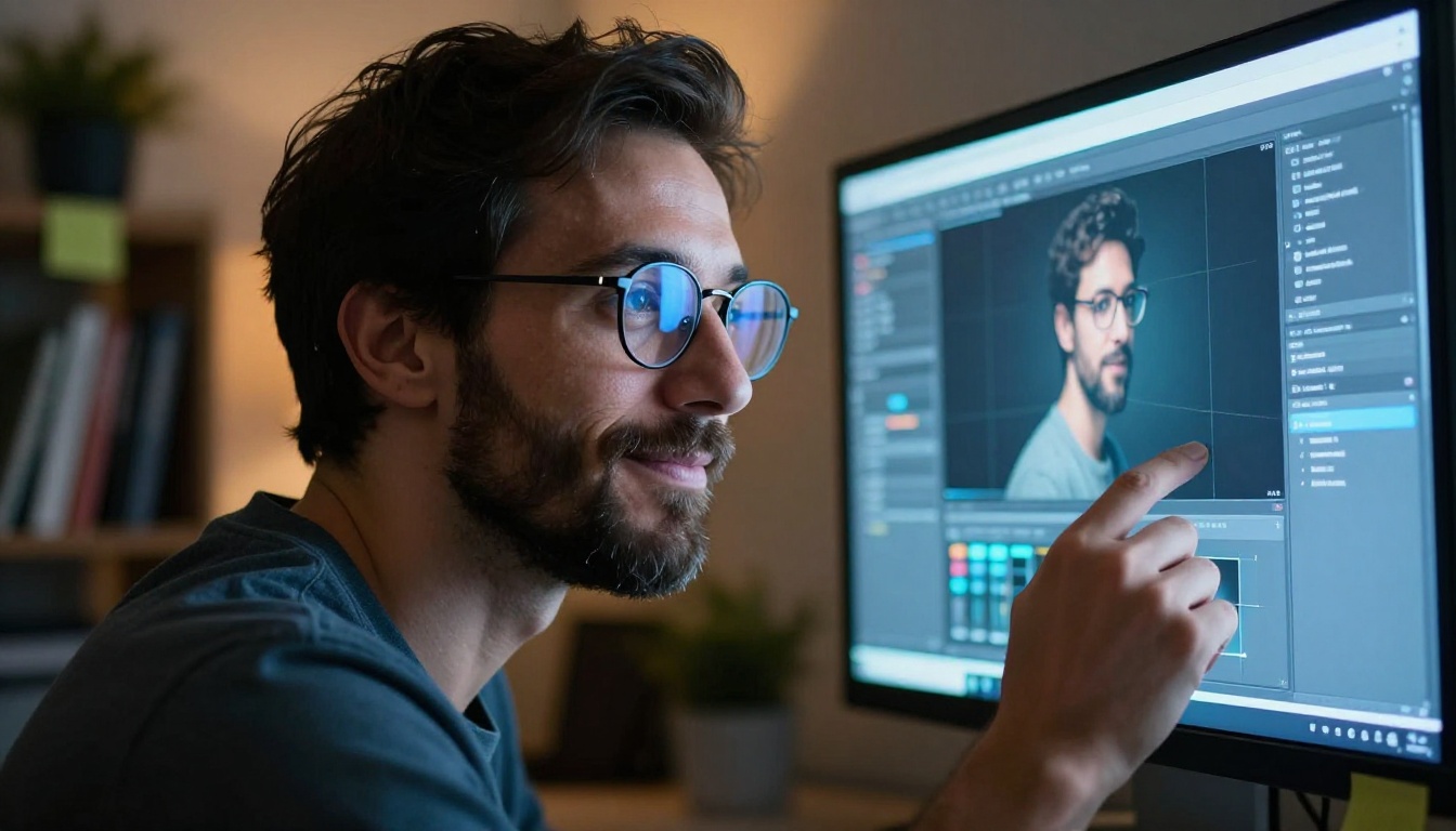 Close-up of designer reviewing high-quality AI outputs on monitor Close-up of designer reviewing high-quality AI outputs on monitor