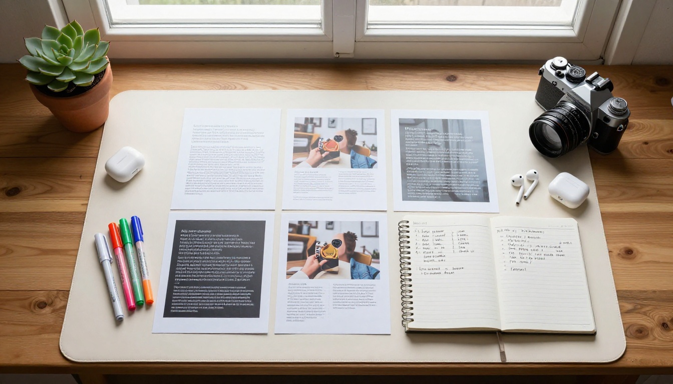 Flat-lay desk overhead shot with AI-generated image print samples