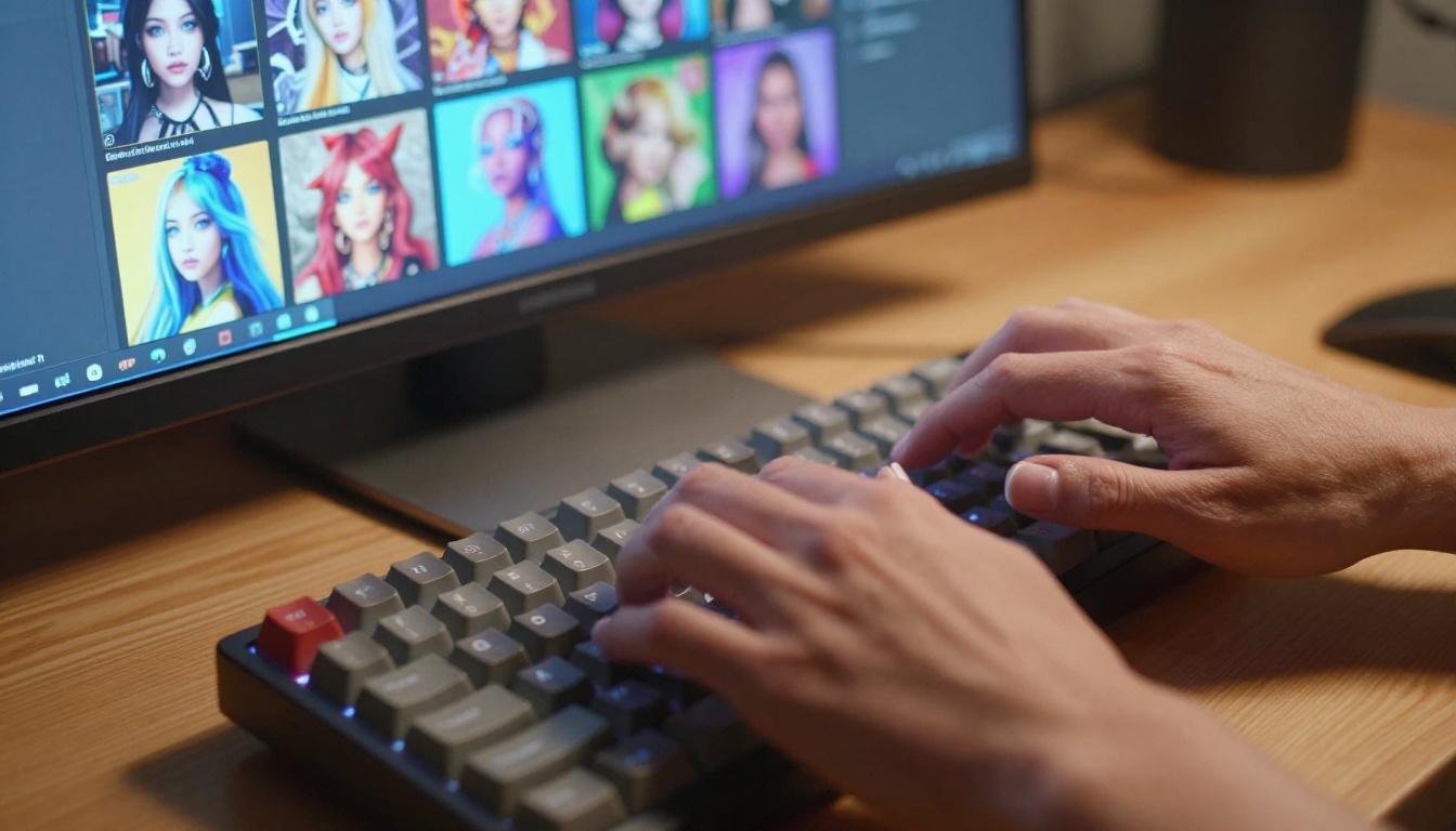 Close-up macro photograph of designer hands typing on keyboard with image gallery monitor