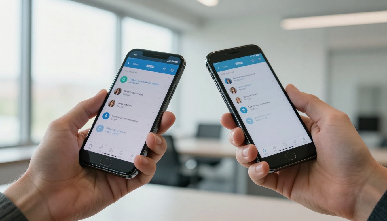 Man holding two smartphones side by side showing different AI model output interfaces in natural office light