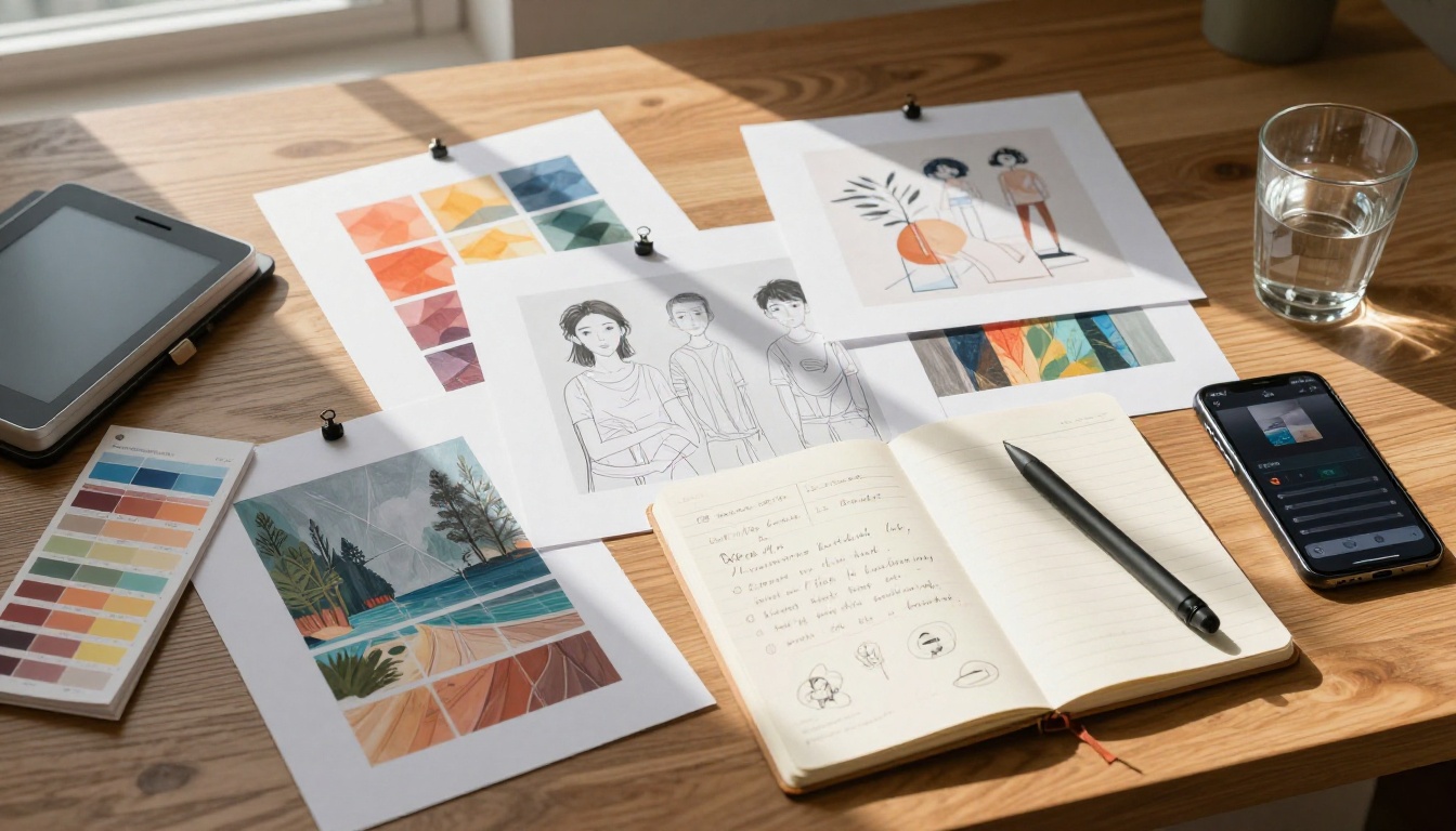 Top-down workspace overview with printed AI artwork and design materials Top-down workspace overview with printed AI artwork and design materials