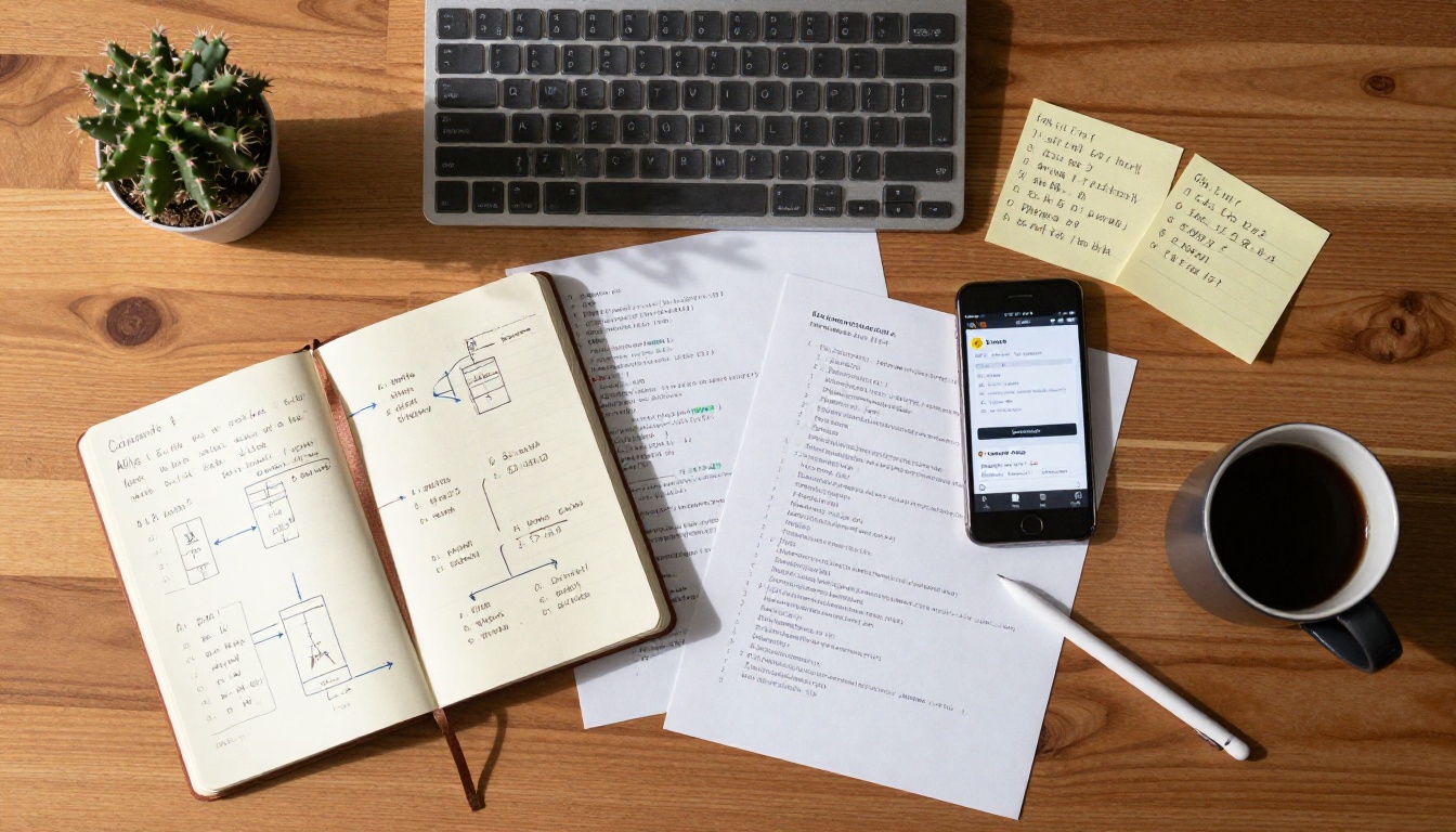 Aerial top-down flat lay of developer desk with notebook, keyboard, sticky notes, code printouts, warm daylight, photorealistic