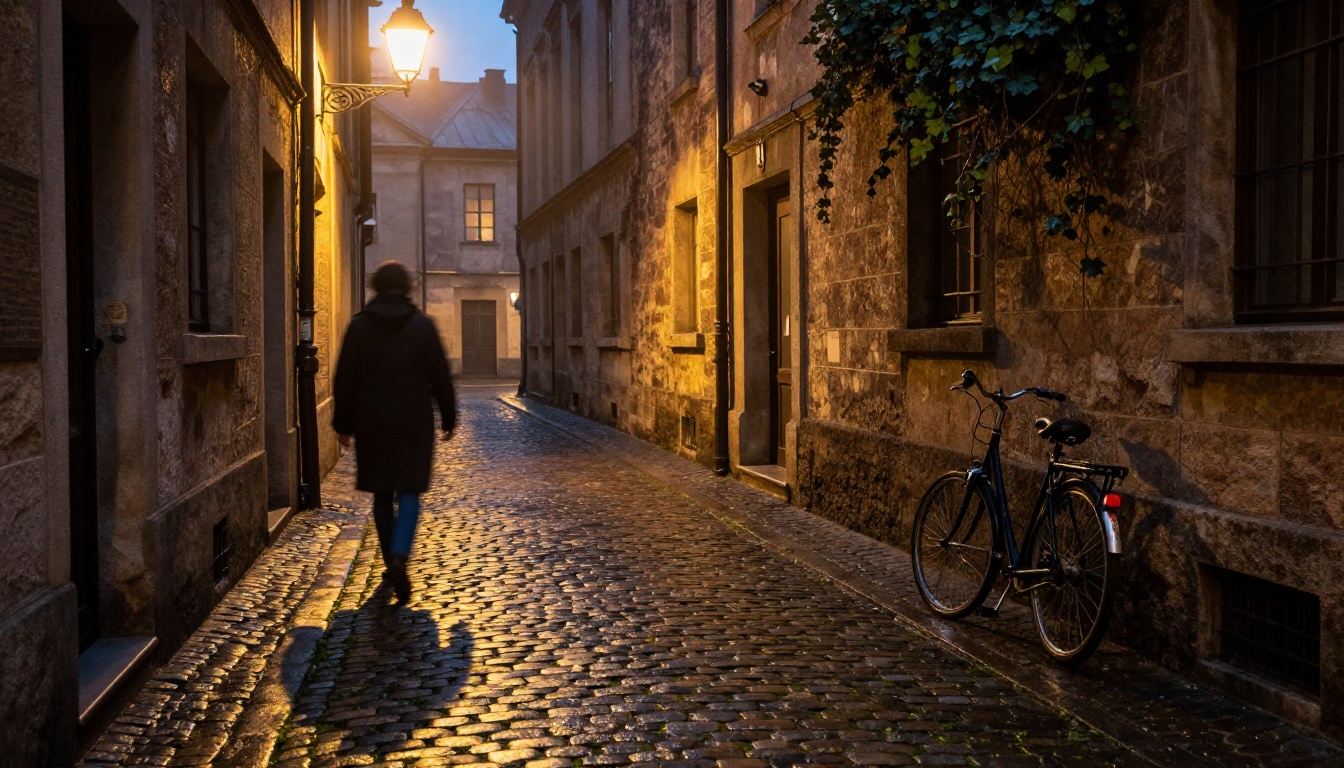 Narrow cobblestone European alley at blue hour dusk with atmospheric fog and amber bistro light