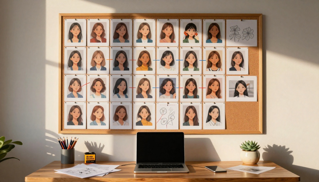 Creative workspace with cork board of character portraits