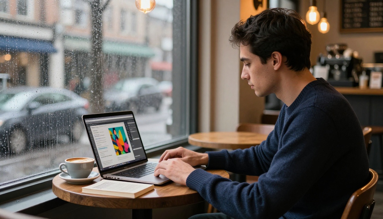 Person at coffee shop with laptop showing AI generator interface