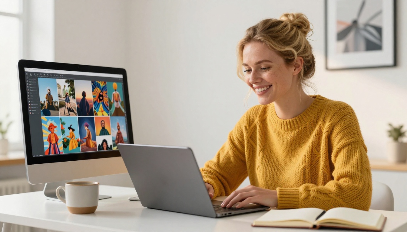 Woman smiling while viewing AI-generated image gallery on tablet Woman smiling while viewing AI-generated image gallery on tablet