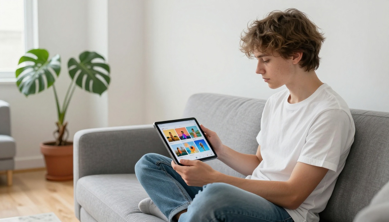 Developer reviewing AI-generated images on tablet sitting on sofa, bright minimalist apartment, natural skylight, photorealistic