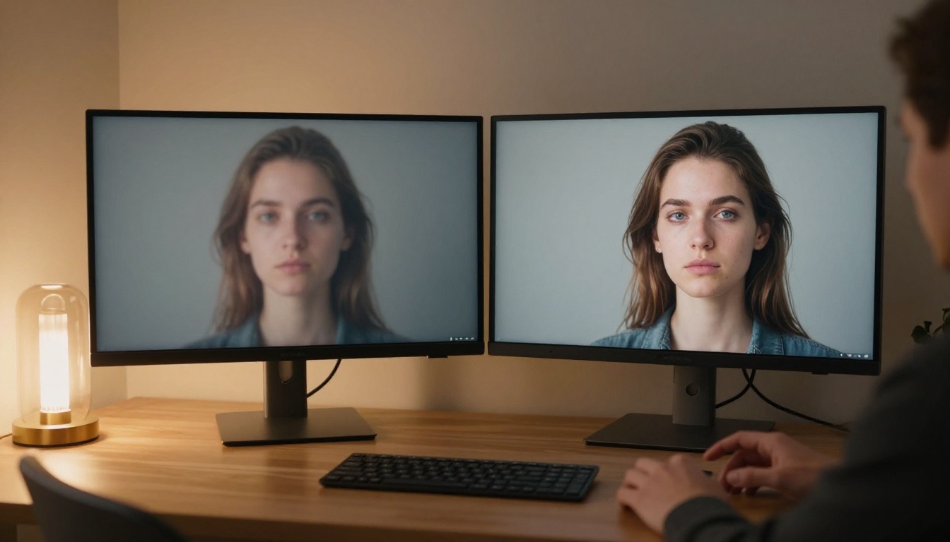 Two monitors showing quality comparison between free and paid AI image outputs Two monitors showing quality comparison between free and paid AI image outputs