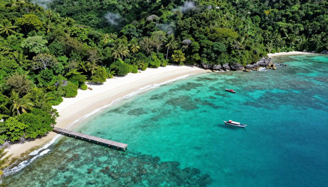 Aerial drone photograph of tropical island paradise with turquoise lagoon
