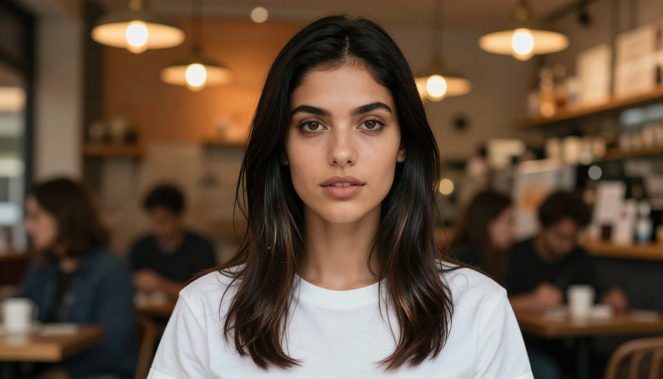 Character portrait in urban café setting showing face consistency Character portrait in urban café setting showing face consistency