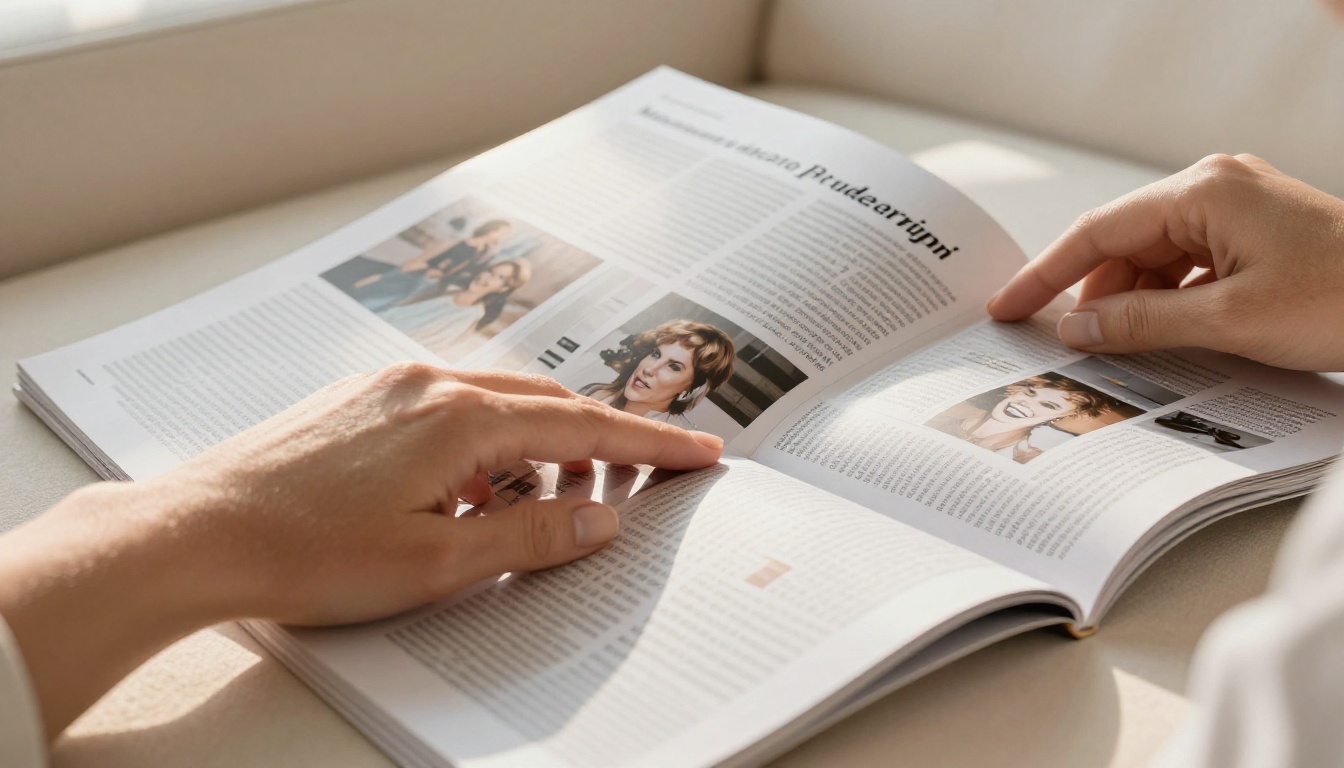 Woman holding open magazine with AI-generated image spreads inside