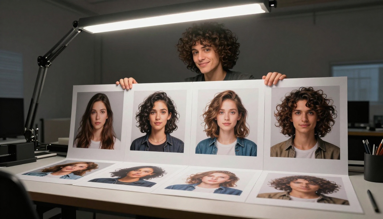 Designer reviewing printed AI portraits on light table