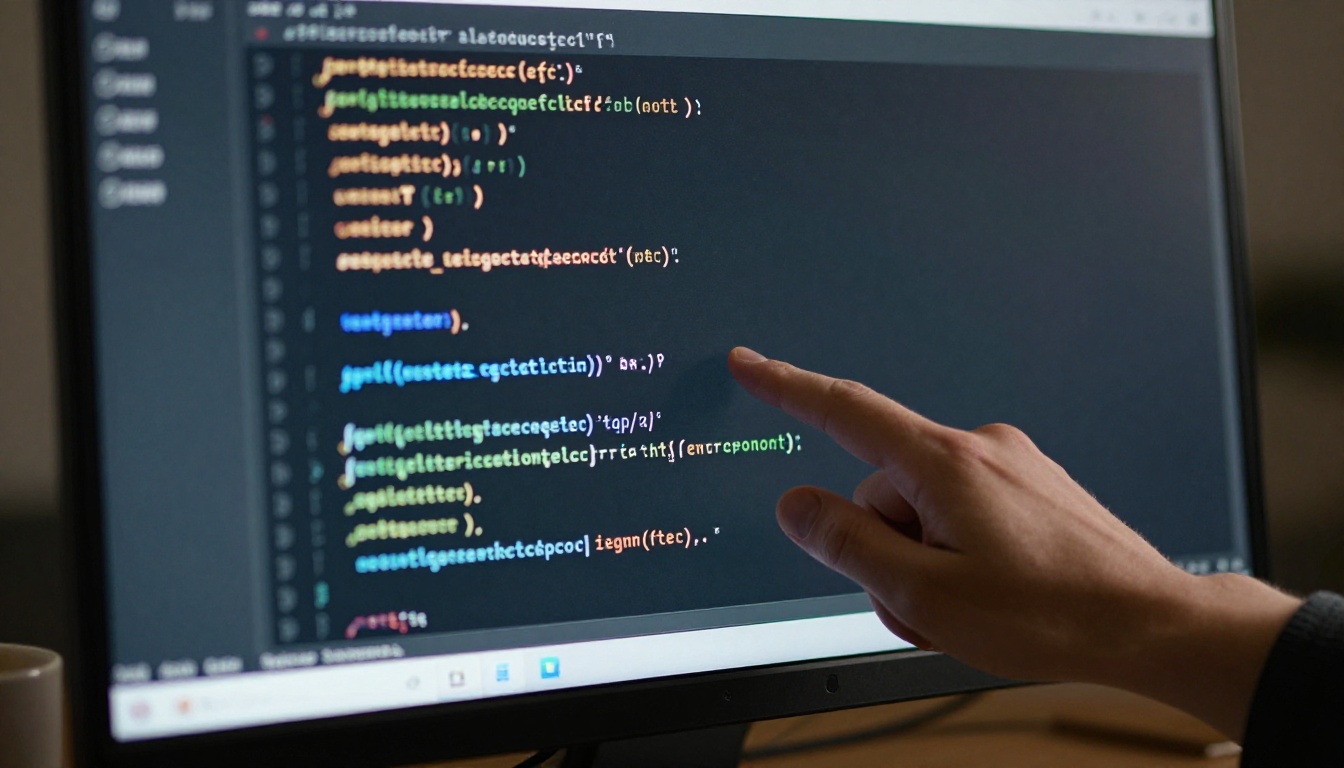 Close-up of monitor screen displaying Python API code with syntax highlighting, hand entering frame from right, screen as primary light, photorealistic