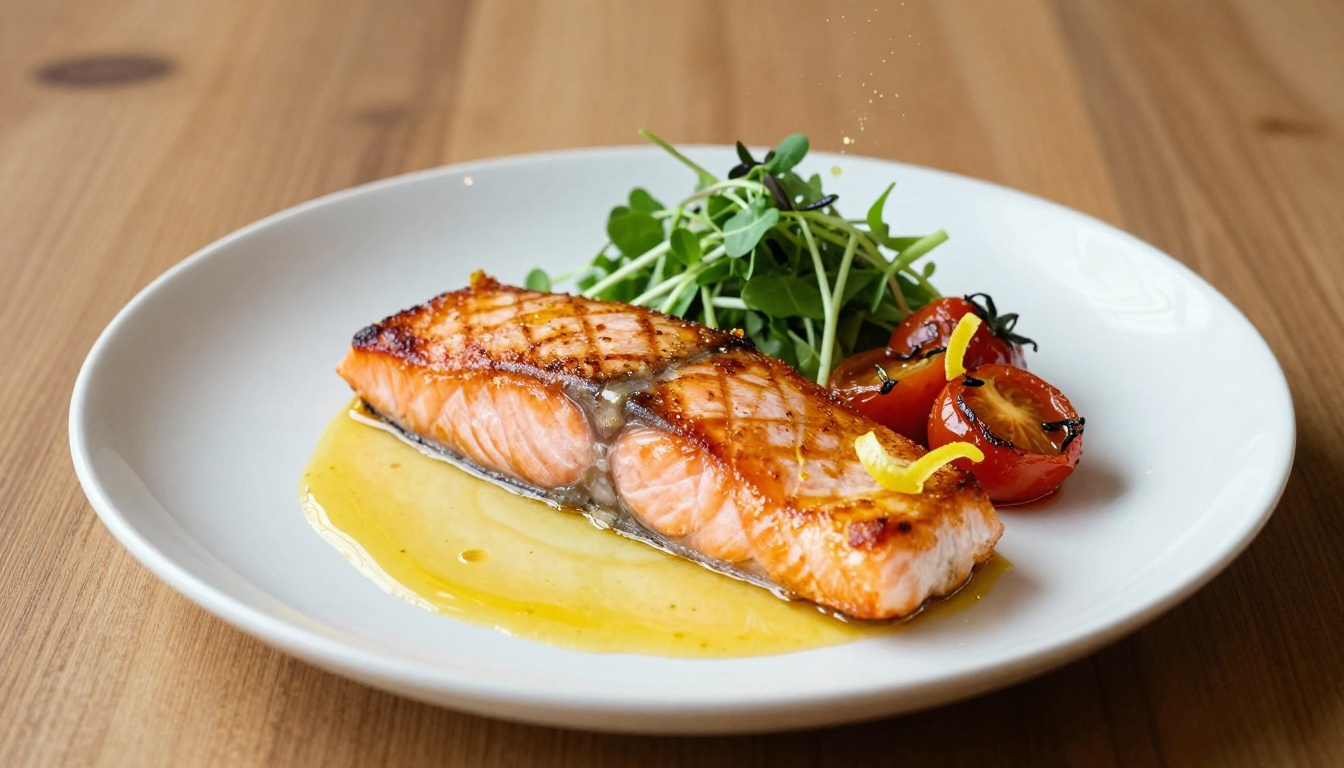 Gourmet seared salmon food photography with natural window light on restaurant plate