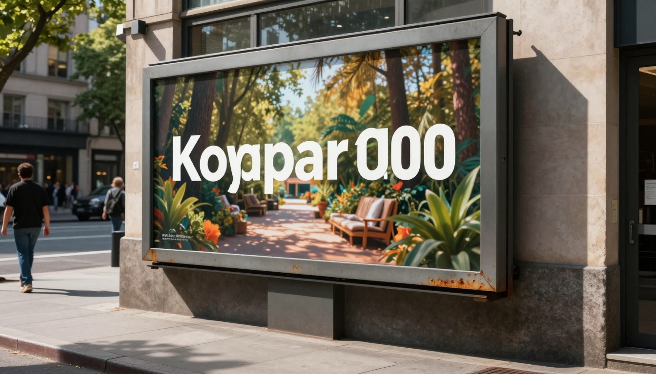 Billboard in urban environment with AI-generated advertisement and bold text