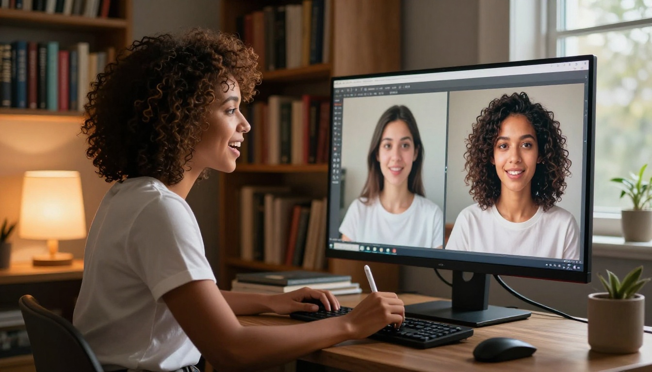 Creative professional with bronze skin reviewing AI image comparison on monitor Creative professional with bronze skin reviewing AI image comparison on monitor
