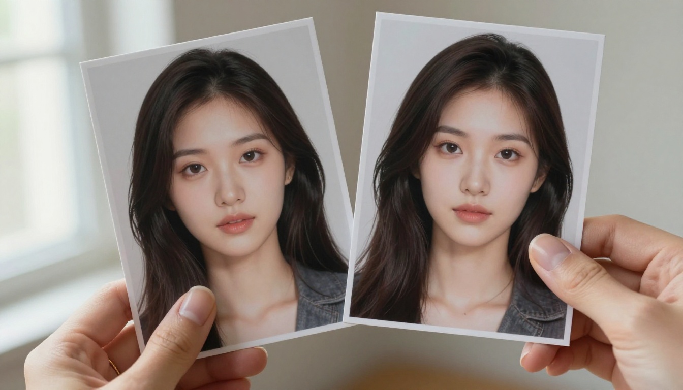 Hands comparing two printed AI portrait photographs Hands comparing two printed AI portrait photographs