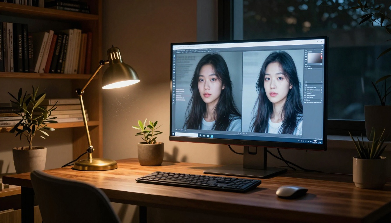 Night home office with monitor showing AI text rendering comparison results