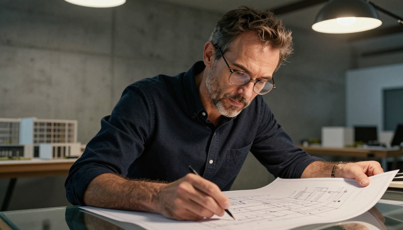 Low-angle portrait of architect reviewing blueprints with dramatic overhead pendant lighting