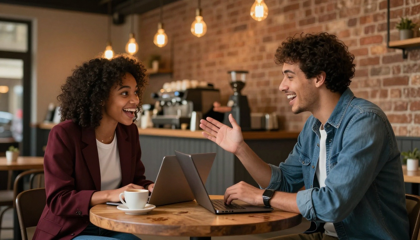 Two creatives sharing screens in a warm café environment Two creatives sharing screens in a warm café environment