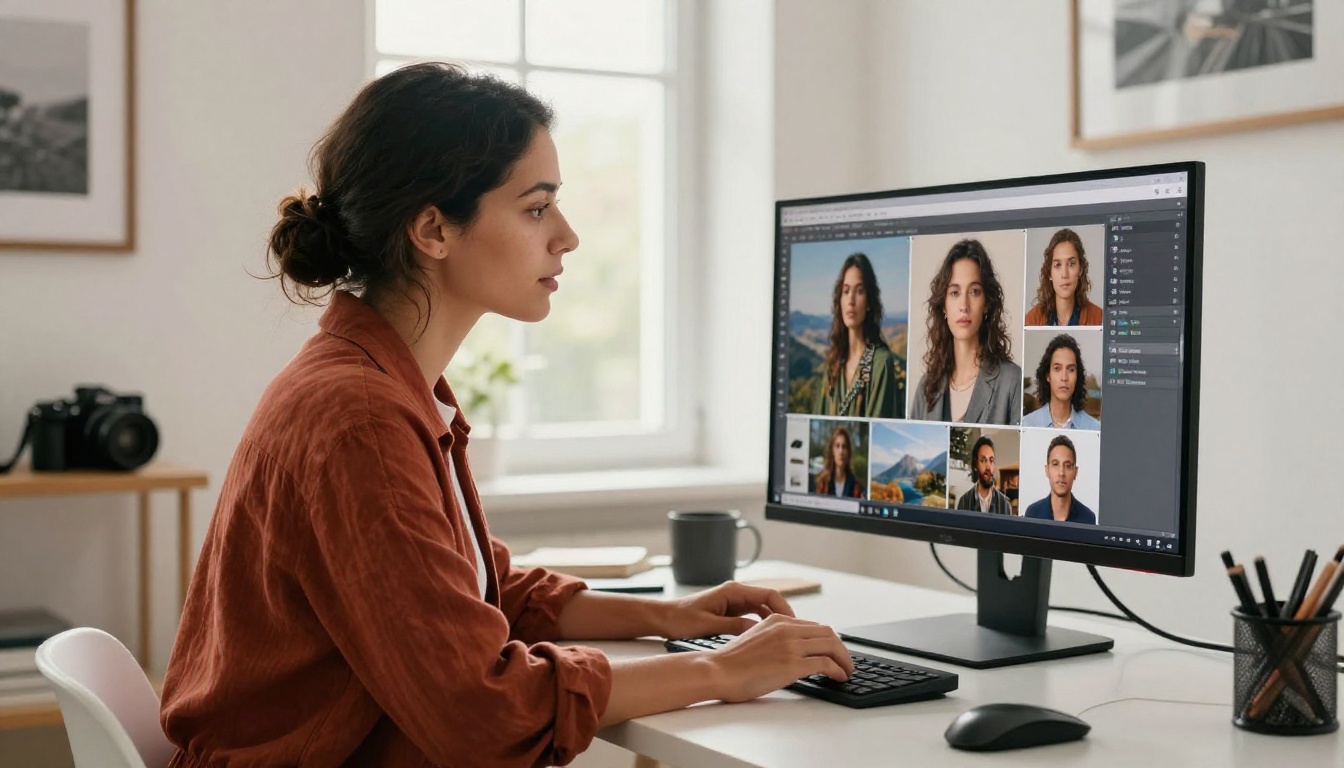 Creative professional woman reviewing AI-generated image gallery on studio monitor, north-facing skylight, warm skin tones, photorealistic