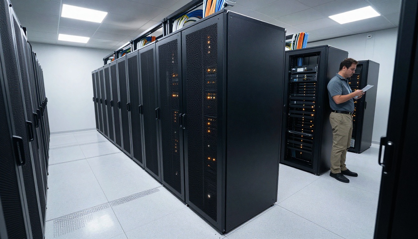 Server rack in modern data center, low-angle shot, matte black hardware, cool fluorescent lighting, technician with checklist in background, photorealistic