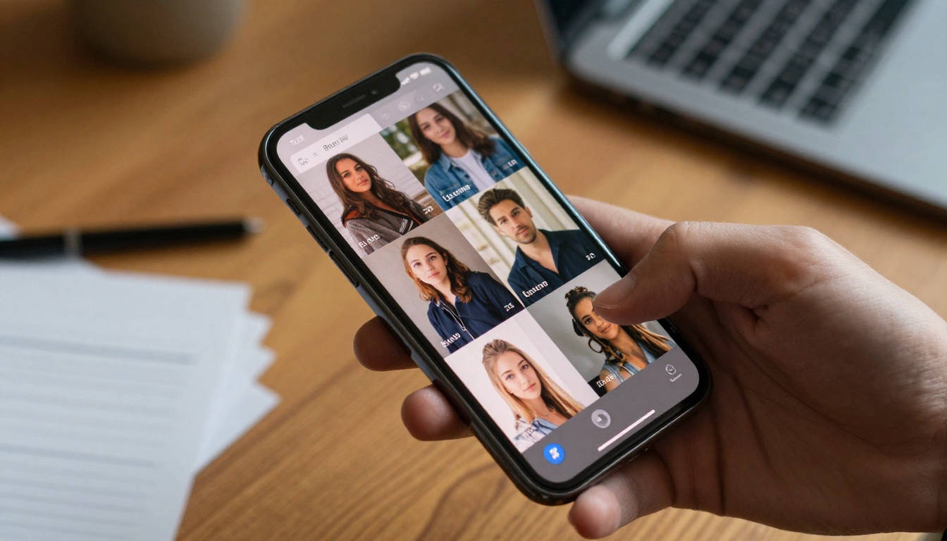 Smartphone held in hand displaying mobile app with AI-generated portrait gallery, warm desk background, shallow depth of field, photorealistic