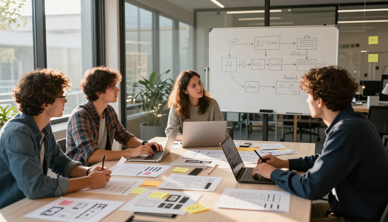 Startup team in glass-walled conference room with wireframes, laptops, and API flowchart on whiteboard, warm afternoon light, photorealistic