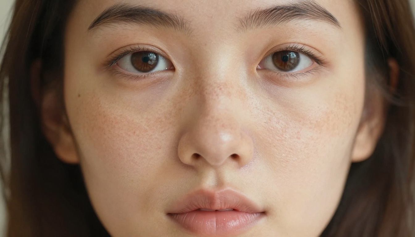 Extreme close-up portrait showing hyper-realistic skin texture and freckle detail under diffused window light