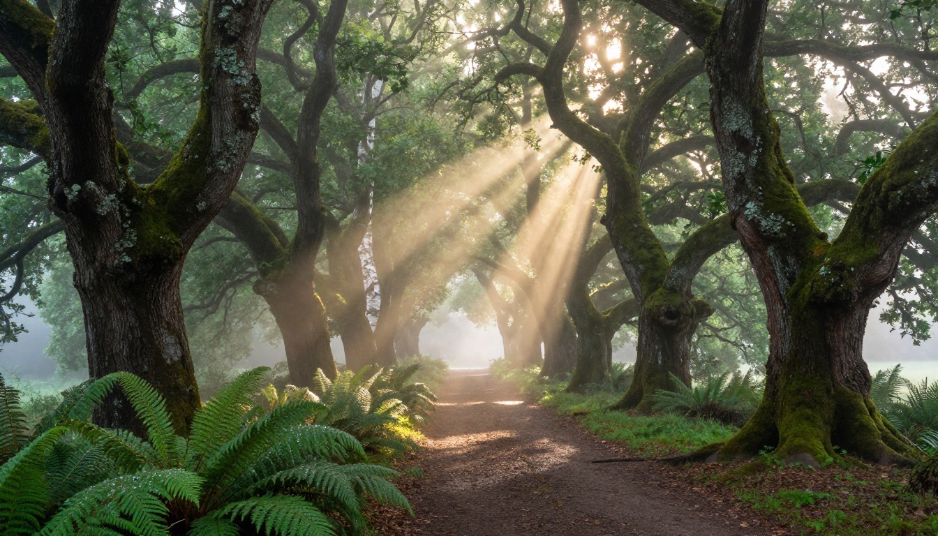 Atmospheric misty morning forest with volumetric light shafts, wet fern foreground, RAW photorealistic landscape