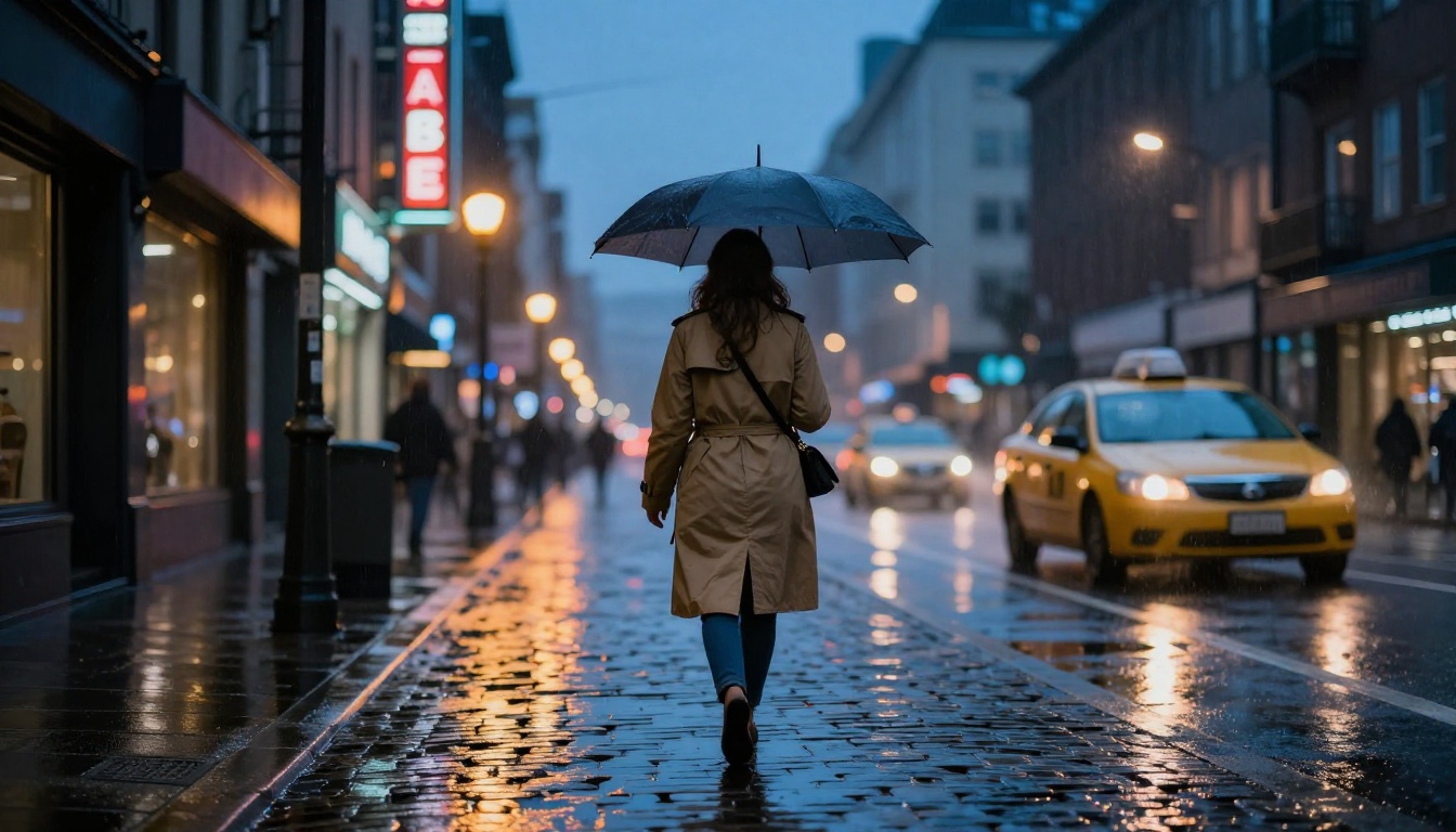 Rain-slicked urban street at blue hour, neon puddle reflections, trench coat figure, 50mm street photography