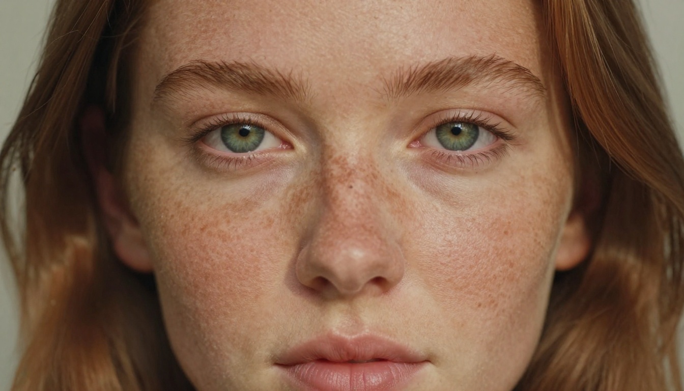 Close-up natural light portrait with freckled skin and green eyes