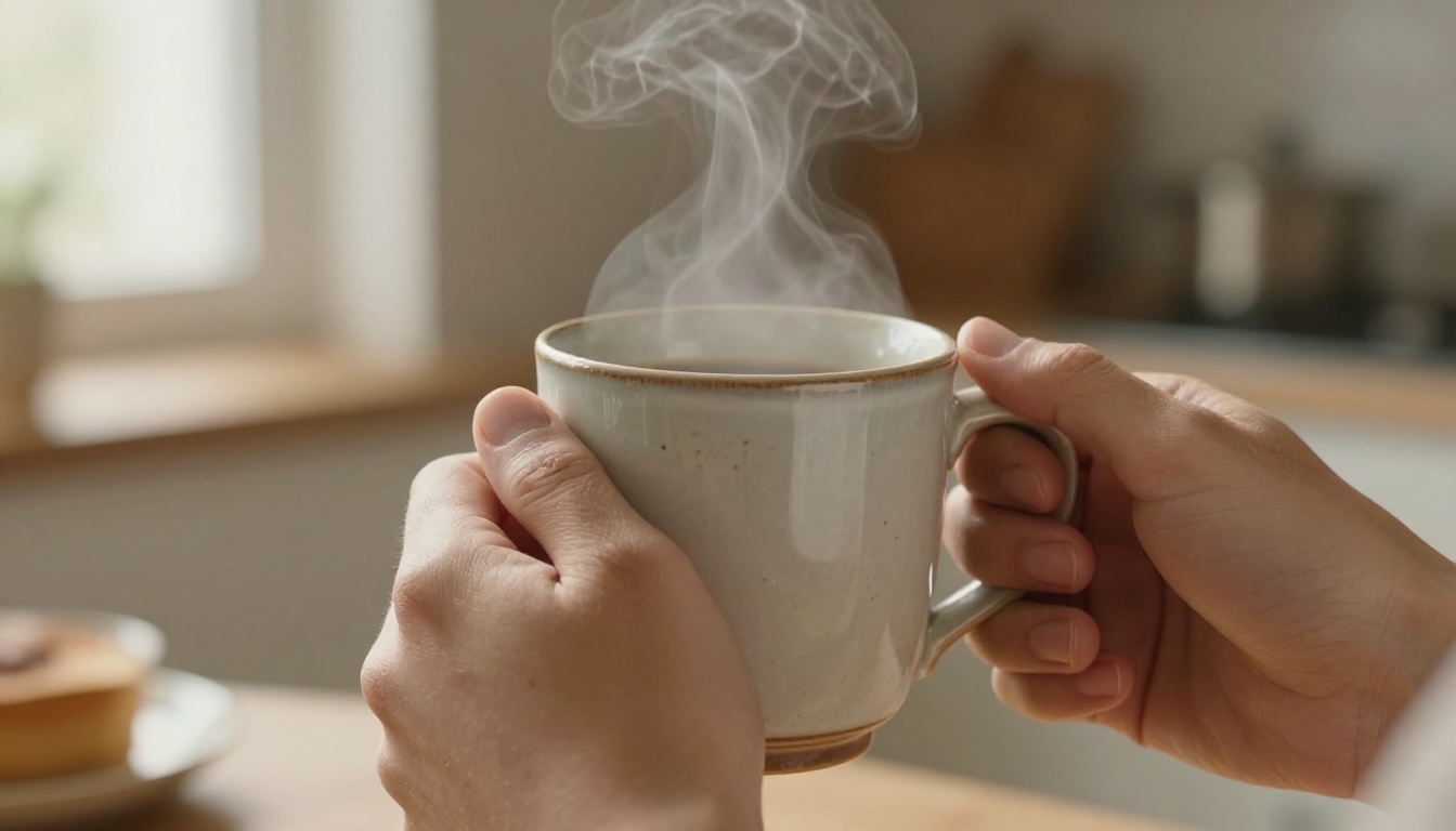 Close-up of hands around a ceramic coffee mug, steam rising, fabric texture, macro lens, natural morning light