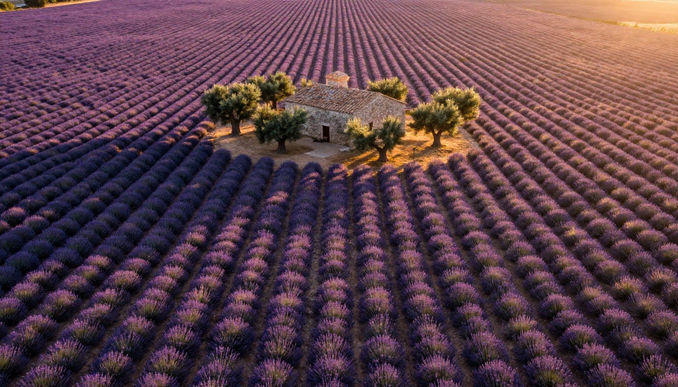Aerial view of Provence lavender fields at golden hour