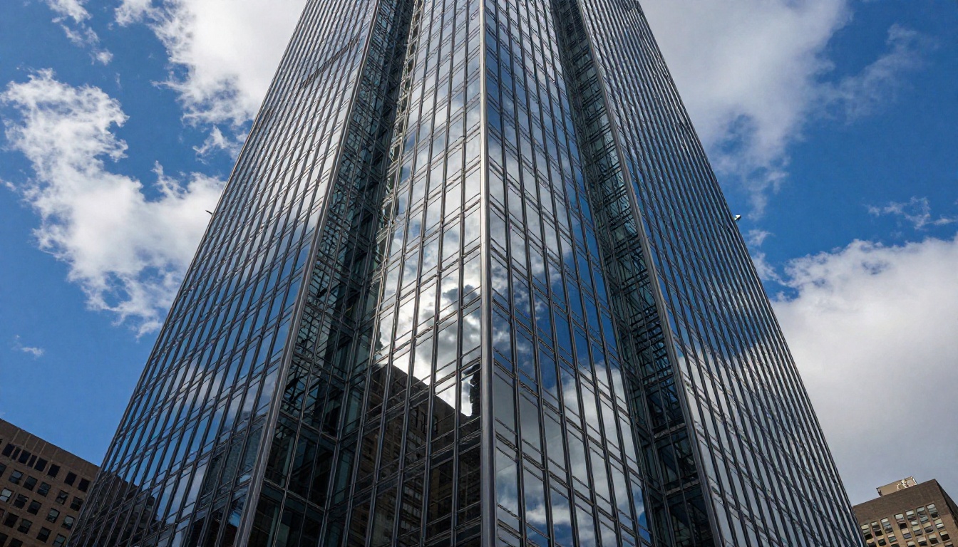 Low angle glass skyscraper reflecting clouds and blue sky