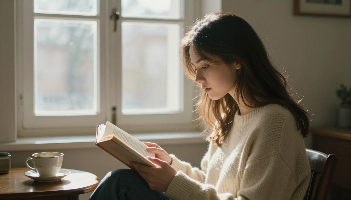 Woman reading by arched window, Rembrandt lighting, cream sweater texture detail, Kodak Portra 800 grain