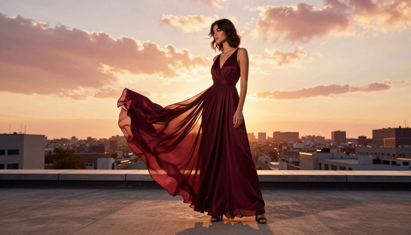 Woman in flowing burgundy gown on rooftop terrace at sunset