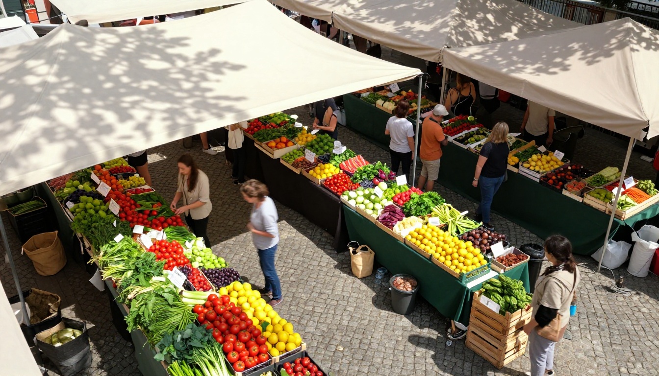 Aerial overhead view of outdoor farmers market, produce stalls, natural drone photography, RAW 8K resolution
