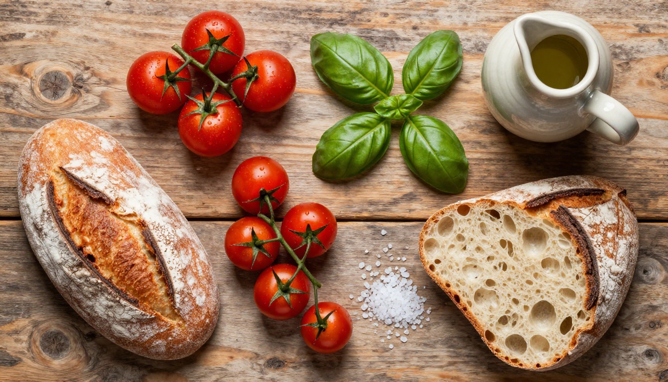 Fresh Mediterranean ingredients flat lay on rustic wood table