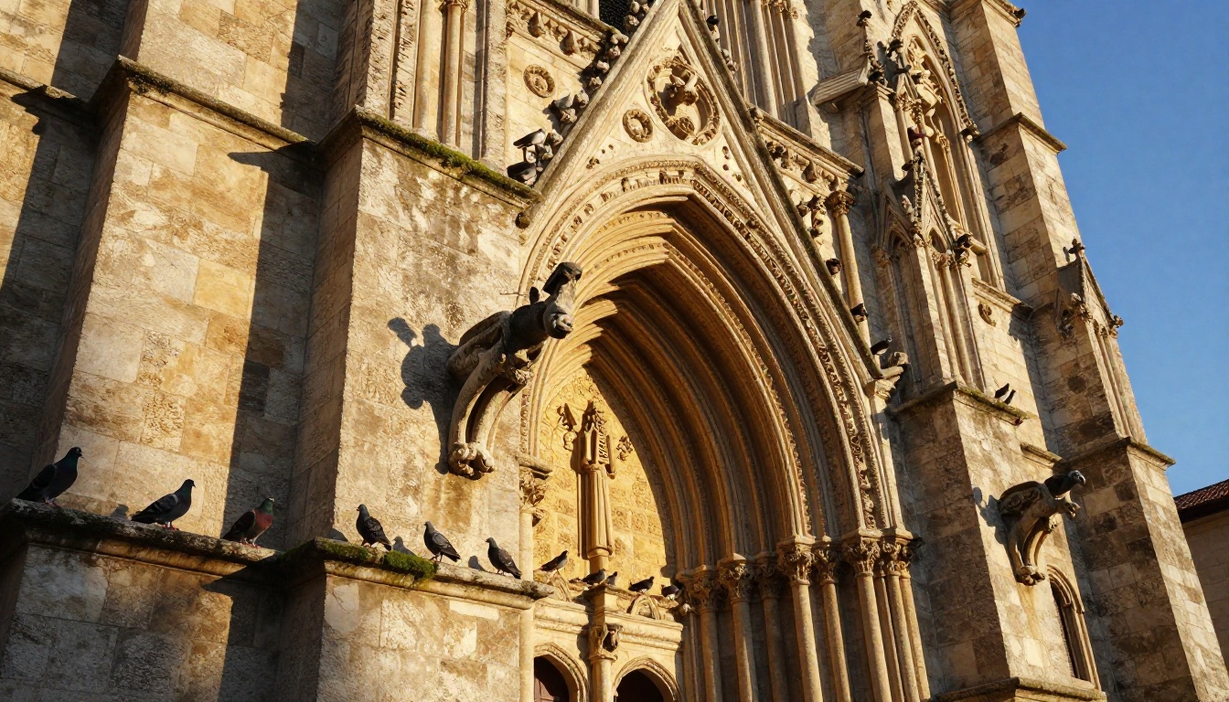 Ancient limestone cathedral in golden hour sidelight, gargoyle foreground, tilt-shift lens, Kodak Ektar color