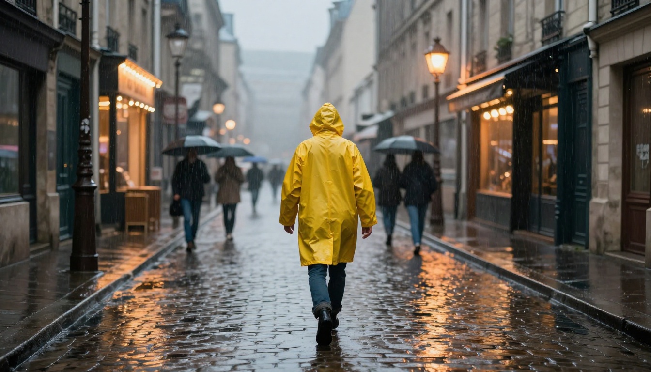 Lone figure in yellow raincoat on rainy cobblestone Paris street at night